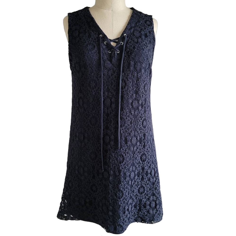 Monteau Navy Lace Mini Dress Criss-Cross Neck Spring Wedding Bridal Shower L
